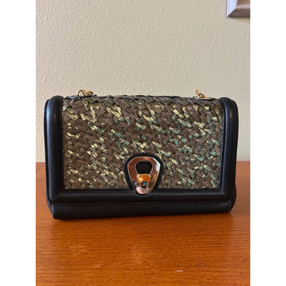 Calonge woven Leather Metallic Bronze Black Chain Shoulder Bag Turn Lock Crossbo